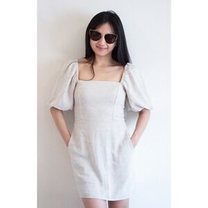 Abercrombie & Fitch Linen Blend‎ Puff Sleeve Beige Dress 25.5" L  Pit to Pit 15"